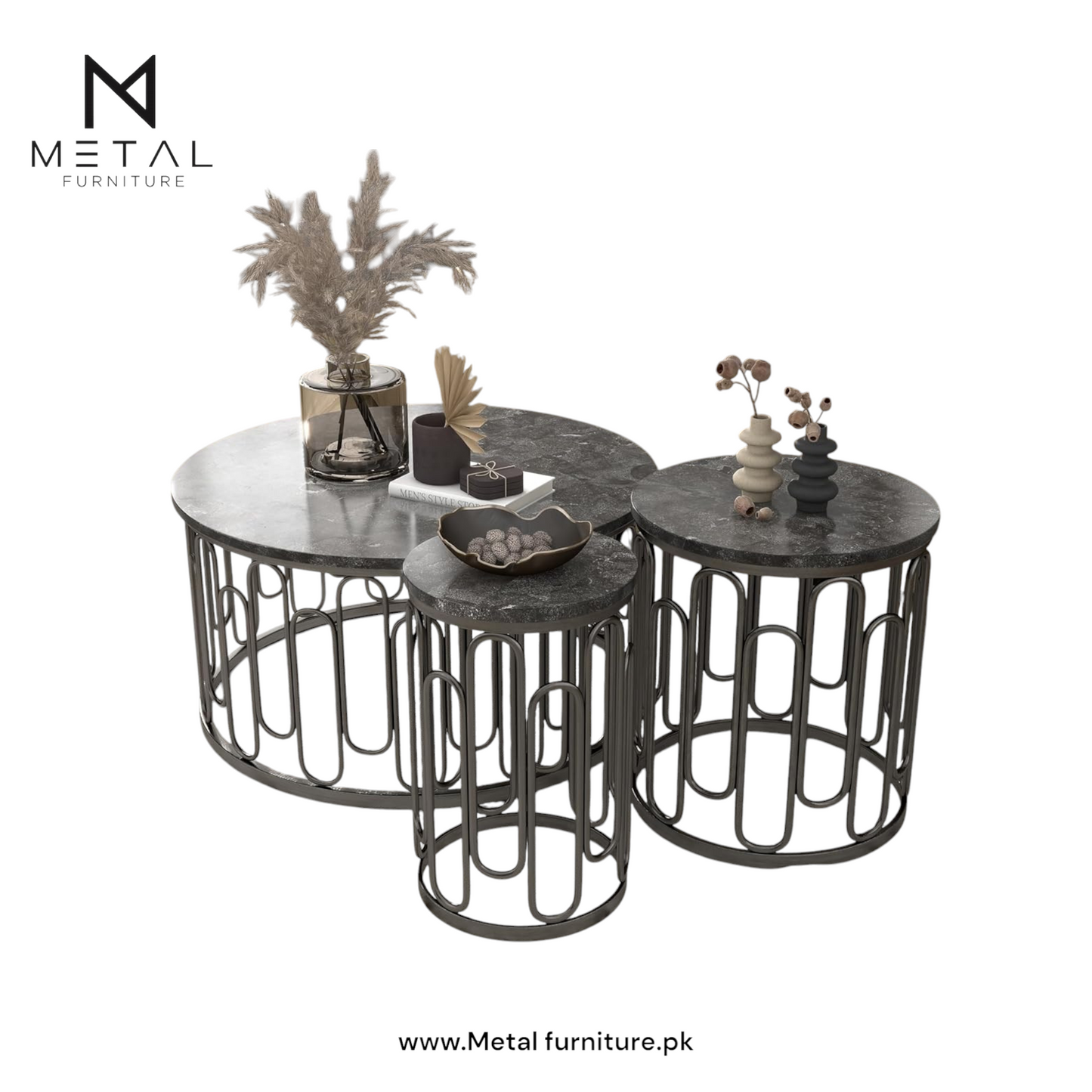 Modern Round Center Table with Coffee Tables – Wooden Marble Texture Top, Metal Legs, Living Room Decorative Metal Base Furniture (Set of 3)