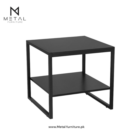 Black Metal Frame Side Table with 2-Tier Storage Modern Minimalist Nightstand, End Table or Living Room Accent Piece with Sleek Matte Finish and Open Shelf Design for Books,