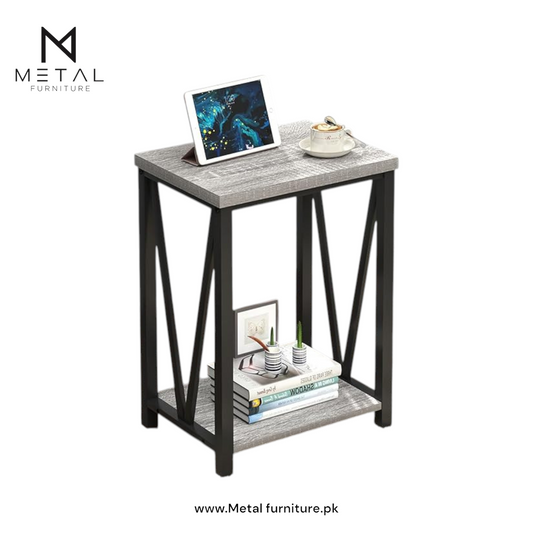 "Modern Edge V-Frame Narrow Side Table with Dark Wood Finish – Compact End Table with Geometric Metal Design and 2-Tier Open Storage – Perfect for Living Room, Bedroom, or Entryway Décor – Sleek,