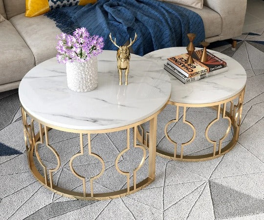 2 Pieces Round Shape Center Table with Decent Design & Wooden Marble Texture Top