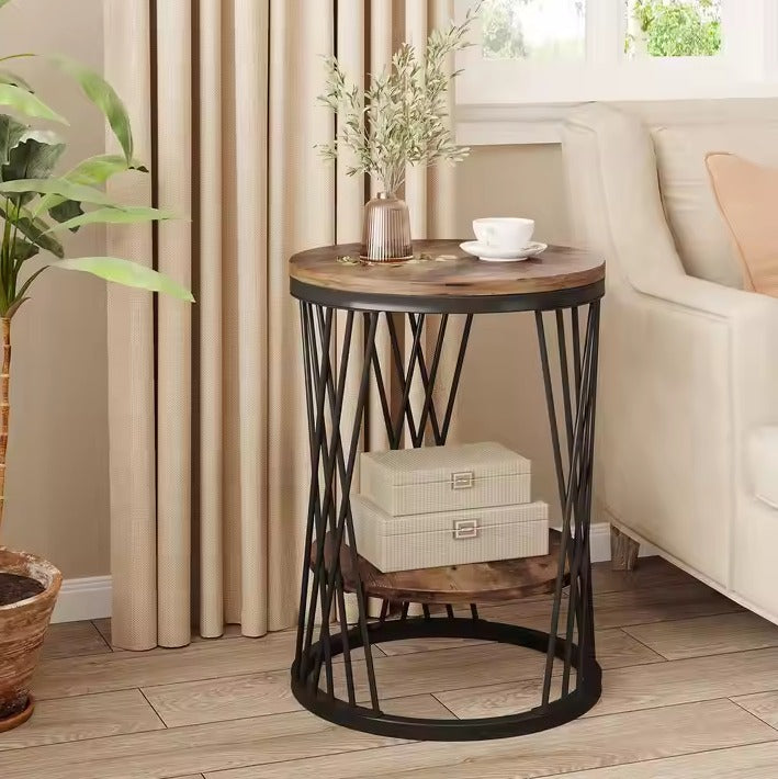 Round Elegance with Dual Wooden Shelves and Artistic Metal Frame, Ideal for Living Room, Perfect for Books,