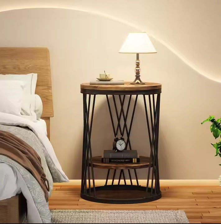Round Elegance with Dual Wooden Shelves and Artistic Metal Frame, Ideal for Living Room, Perfect for Books,