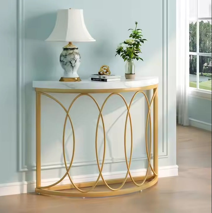 Beautiful White top Gold Frame Console Table Half Moon Sofa Entryway Desk for Living Room Antique Display