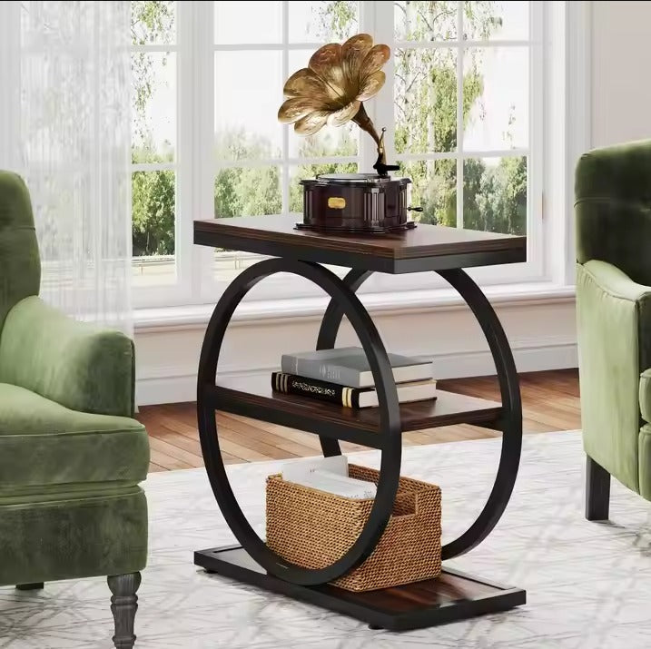 Three-Tier Wooden Shelves Framed in Bold Black Rings, Ideal for Living Room Elegance, Book Storage, and Coffee Moments 3 Storage Shelves