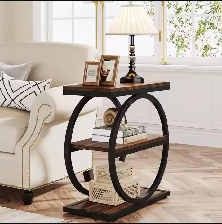 Three-Tier Wooden Shelves Framed in Bold Black Rings, Ideal for Living Room Elegance, Book Storage, and Coffee Moments 3 Storage Shelves