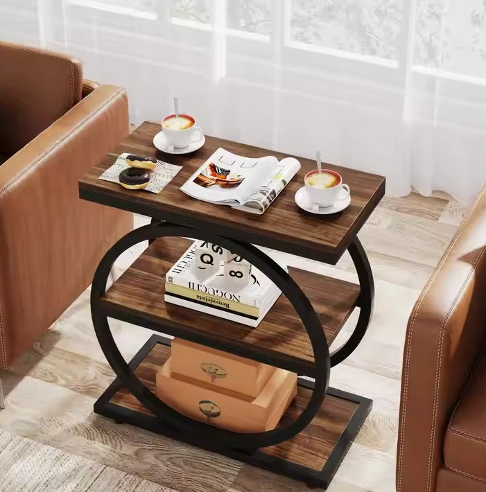 Three-Tier Wooden Shelves Framed in Bold Black Rings, Ideal for Living Room Elegance, Book Storage, and Coffee Moments 3 Storage Shelves