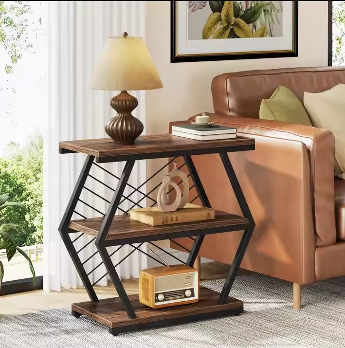 Three-Tier Wooden Shelve, Black frame wooden marble texture top Perfect for Living Room Storage, It a Stylish and Functional Addition to Contemporary Home Spaces."