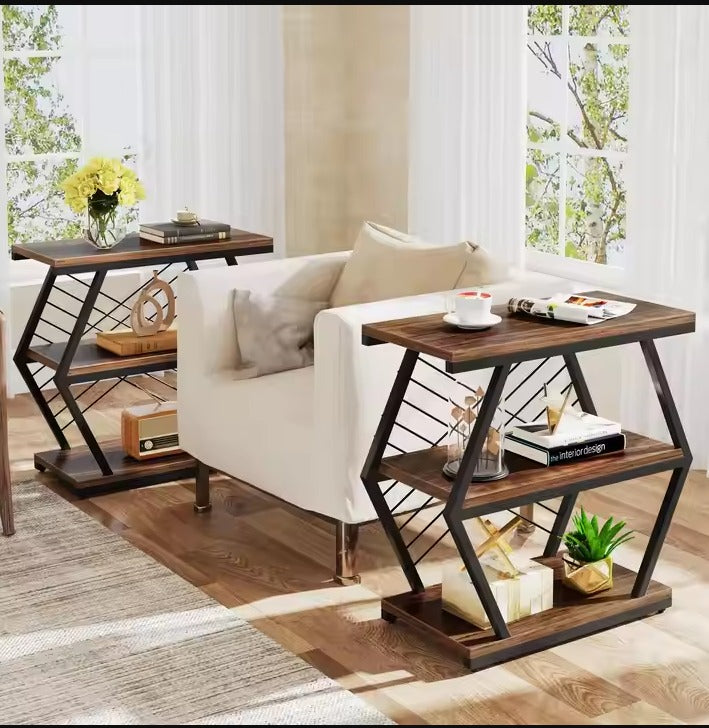 Three-Tier Wooden Shelve, Black frame wooden marble texture top Perfect for Living Room Storage, It a Stylish and Functional Addition to Contemporary Home Spaces."