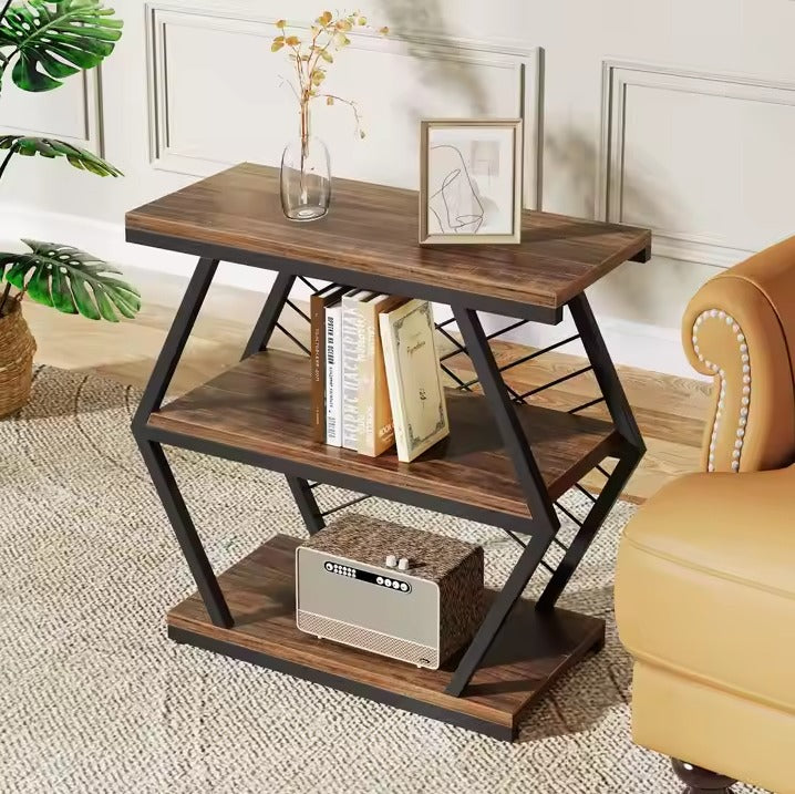 Three-Tier Wooden Shelve, Black frame wooden marble texture top Perfect for Living Room Storage, It a Stylish and Functional Addition to Contemporary Home Spaces."