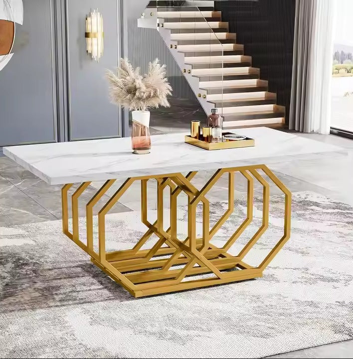 Rectangle Kitchen Table Modern Large Dinner Table with Marble texture Table top and Golden frame