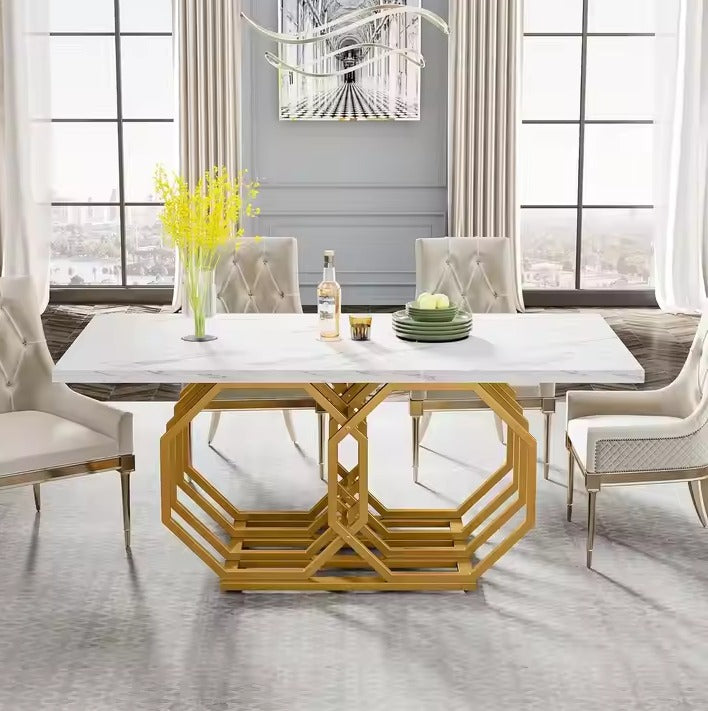 Rectangle Kitchen Table Modern Large Dinner Table with Marble texture Table top and Golden frame