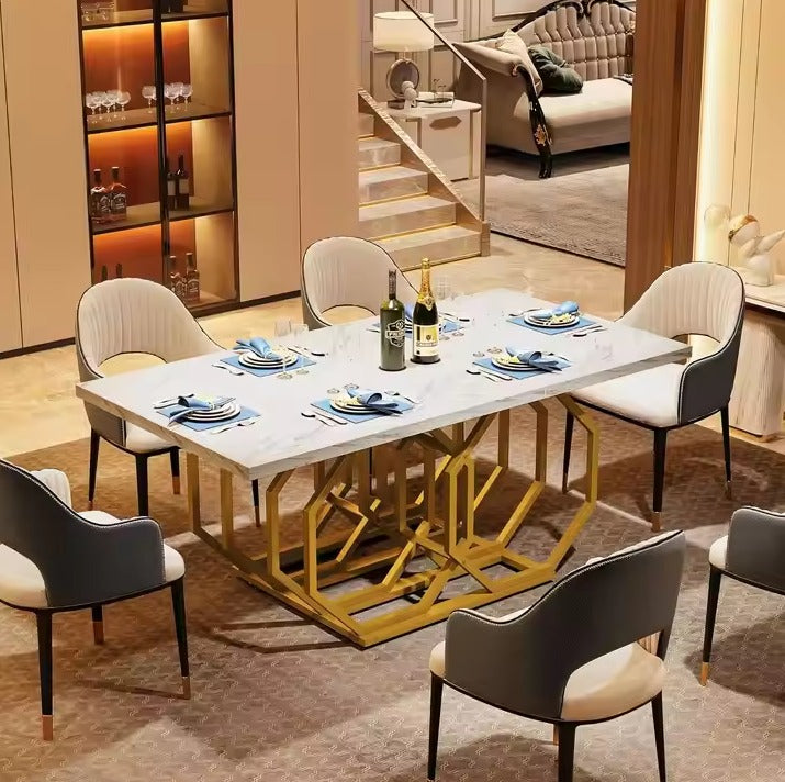 Rectangle Kitchen Table Modern Large Dinner Table with Marble texture Table top and Golden frame