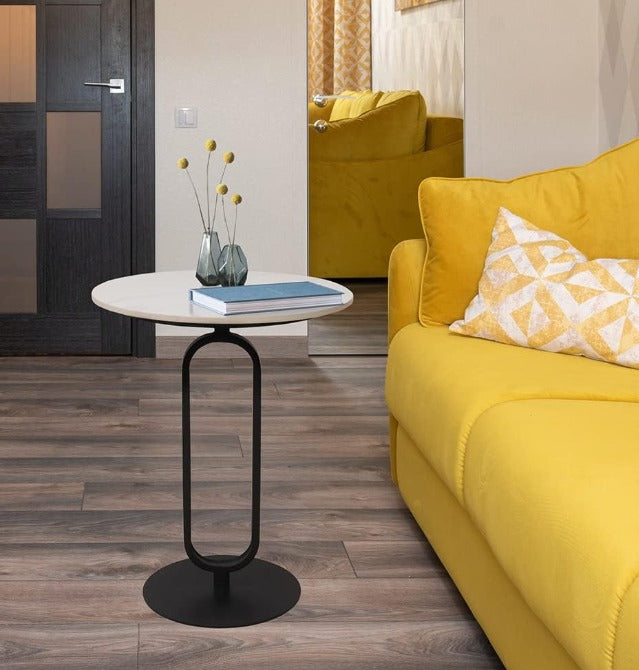 Side Table with Marble Texture Top Metal Round Table Modern Sofa Side End Table Side Desk for Couch Living Room Bedroom