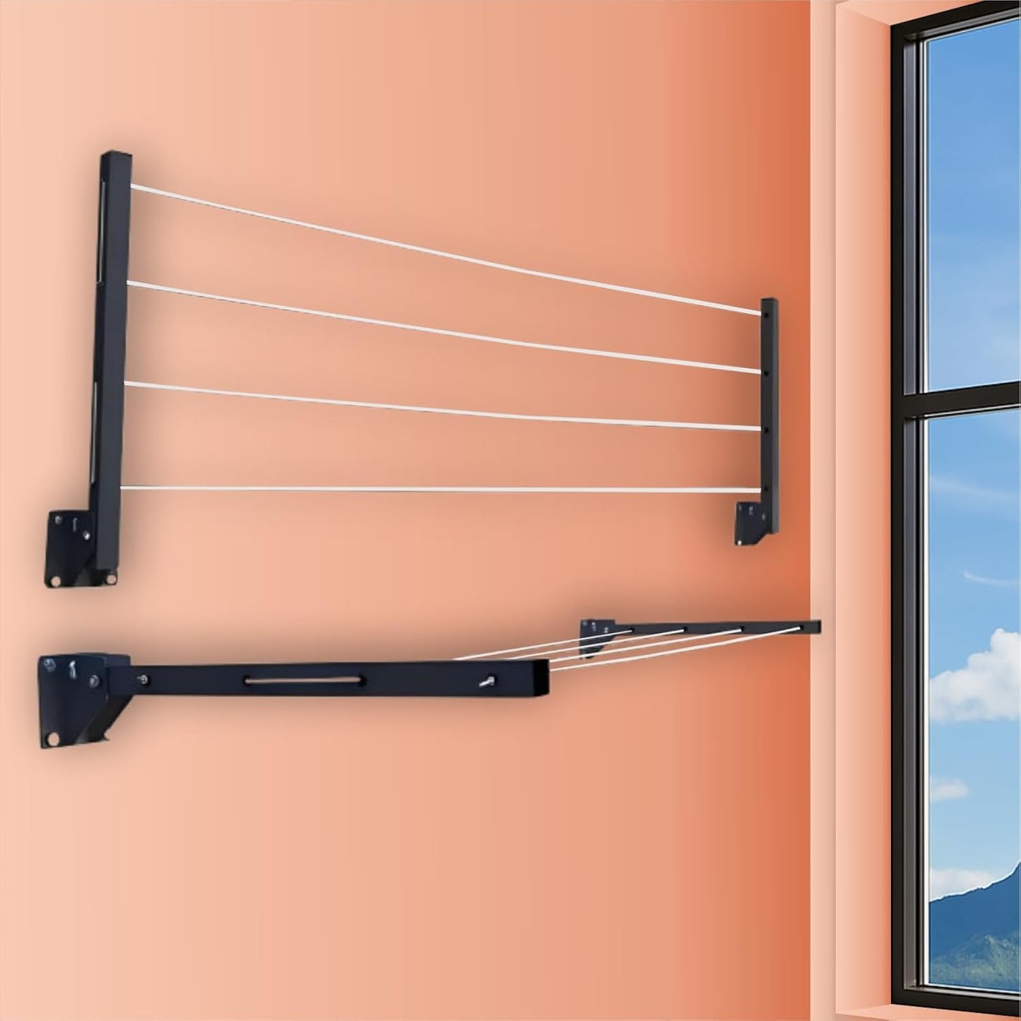 Wall-mounted foldable cloth drying stand with strong metal brackets and durable rope 12-24"