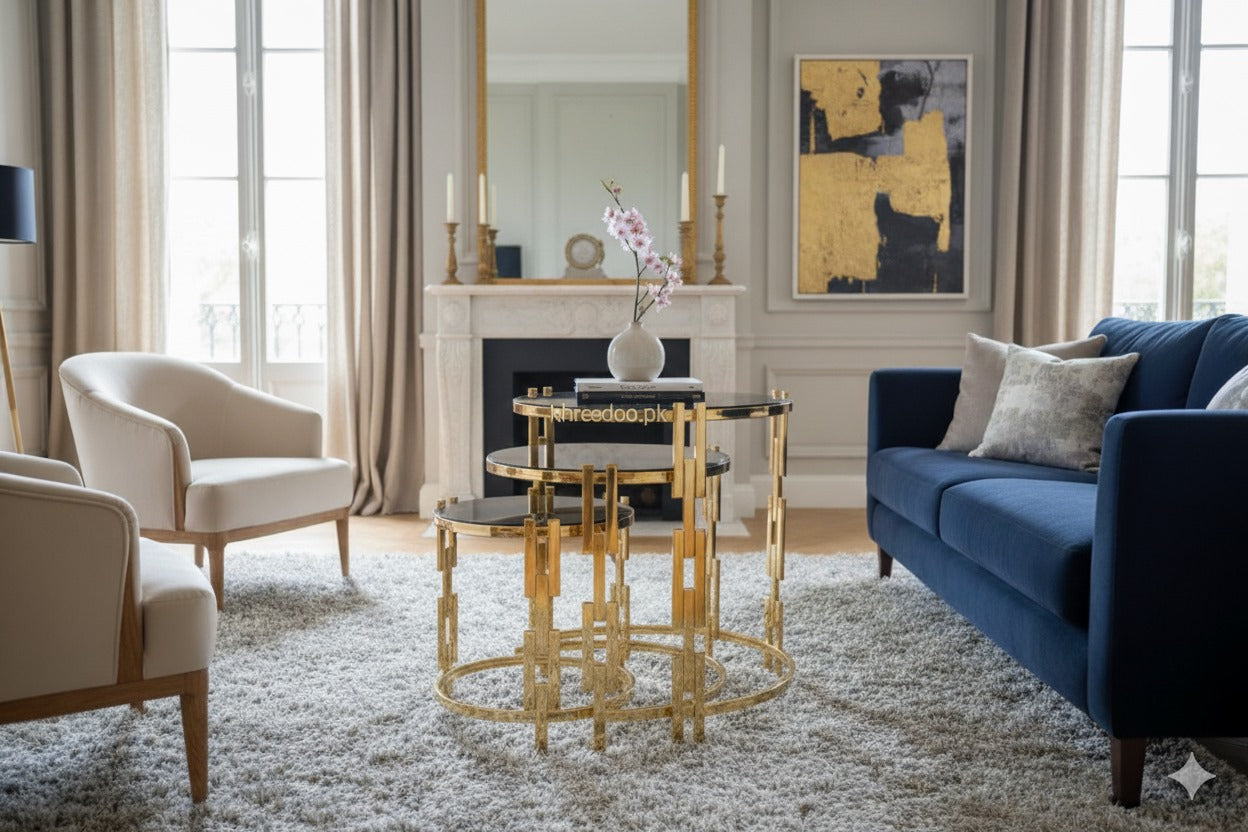 Modern golden metal nesting tables with glass tops, stylish and sturdy for home décor, by Metal Furniture.