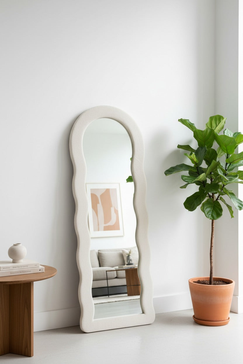 Round Wave Bouclé Fabric Mirror – Full Length Standing Mirror