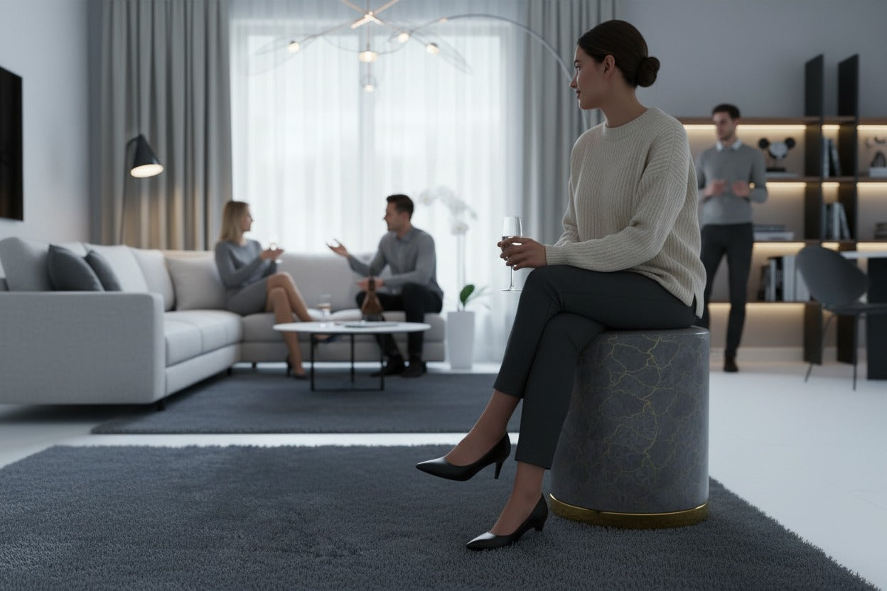 Elegant Blue Cracked Marble Design Upholstered Stool with Golden Ring Base – Premium Accent Seating for Stylish Homes, Offices, Lounges, and Contemporary Interiors