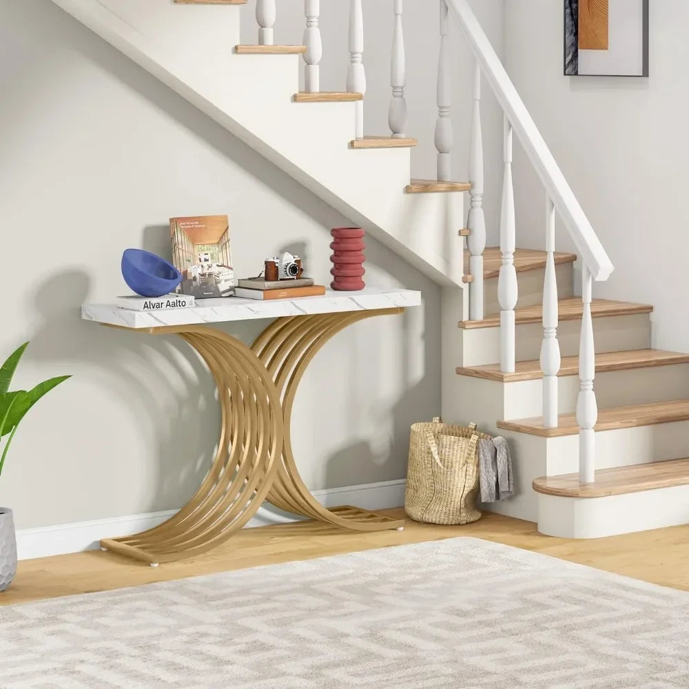 Double Side Half Ring Console Table Gold Paint Finish