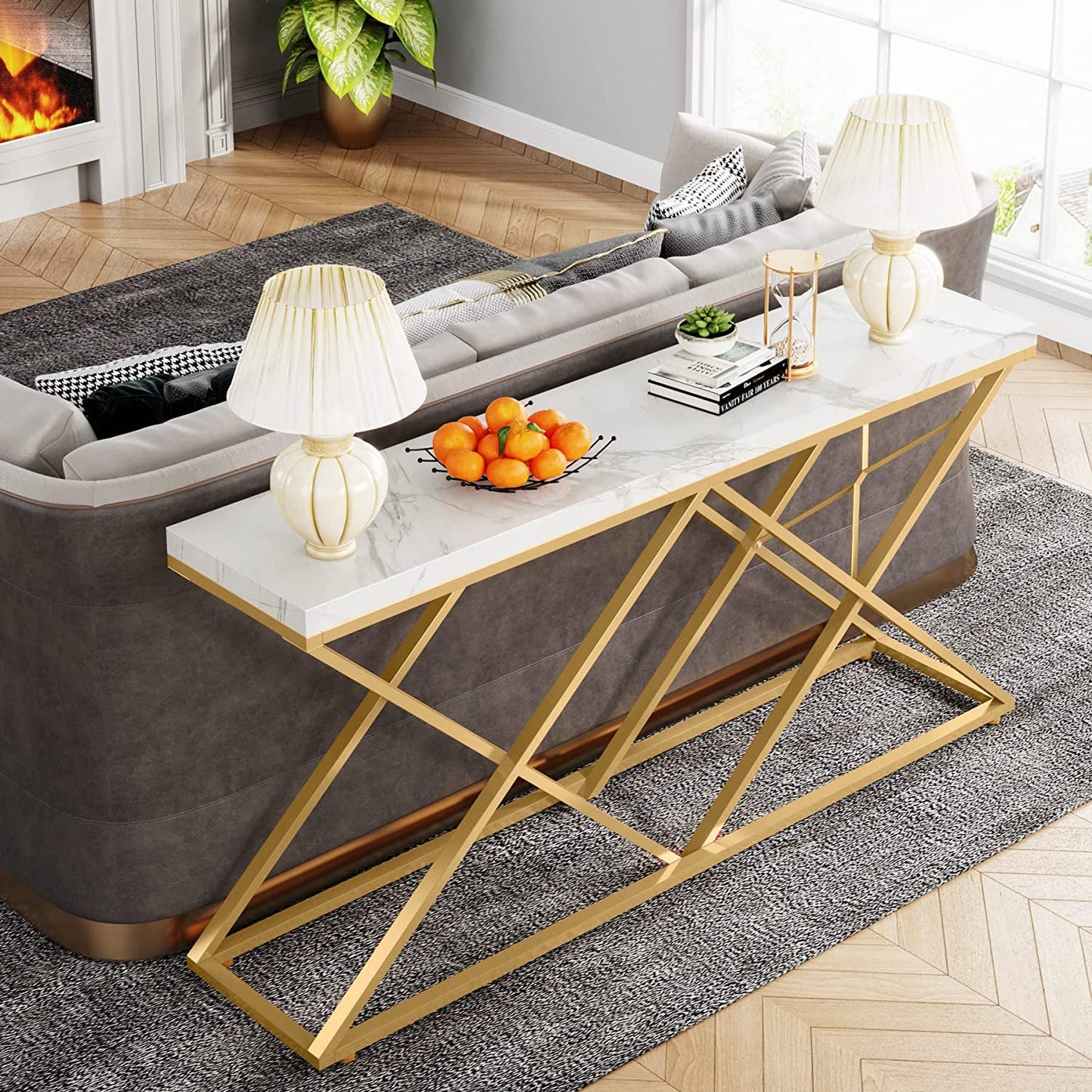 X Model Base Console Table Wooden Marble Texture Sheet Console Table For Hallway And Entryway way