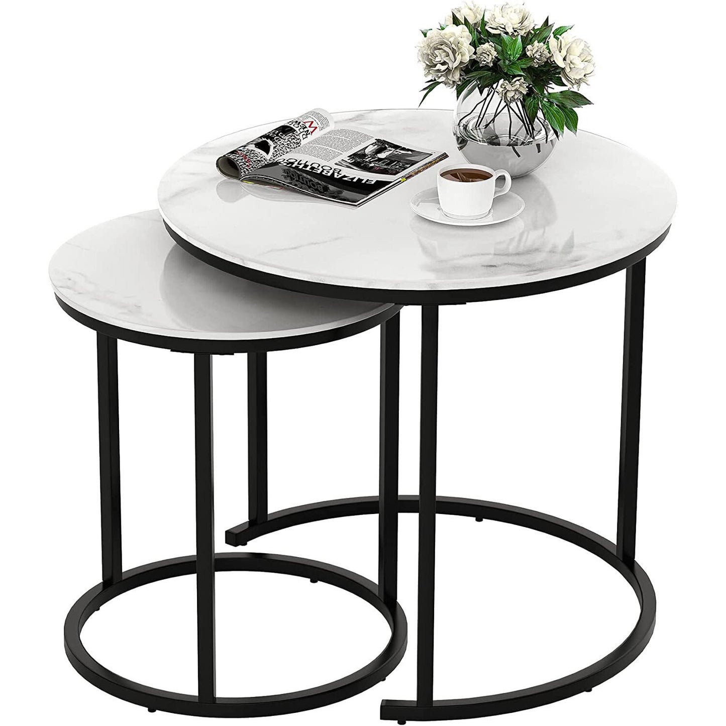 2 Pieces Round Half Circle Shape Nesting Table Set Living Room Furniture