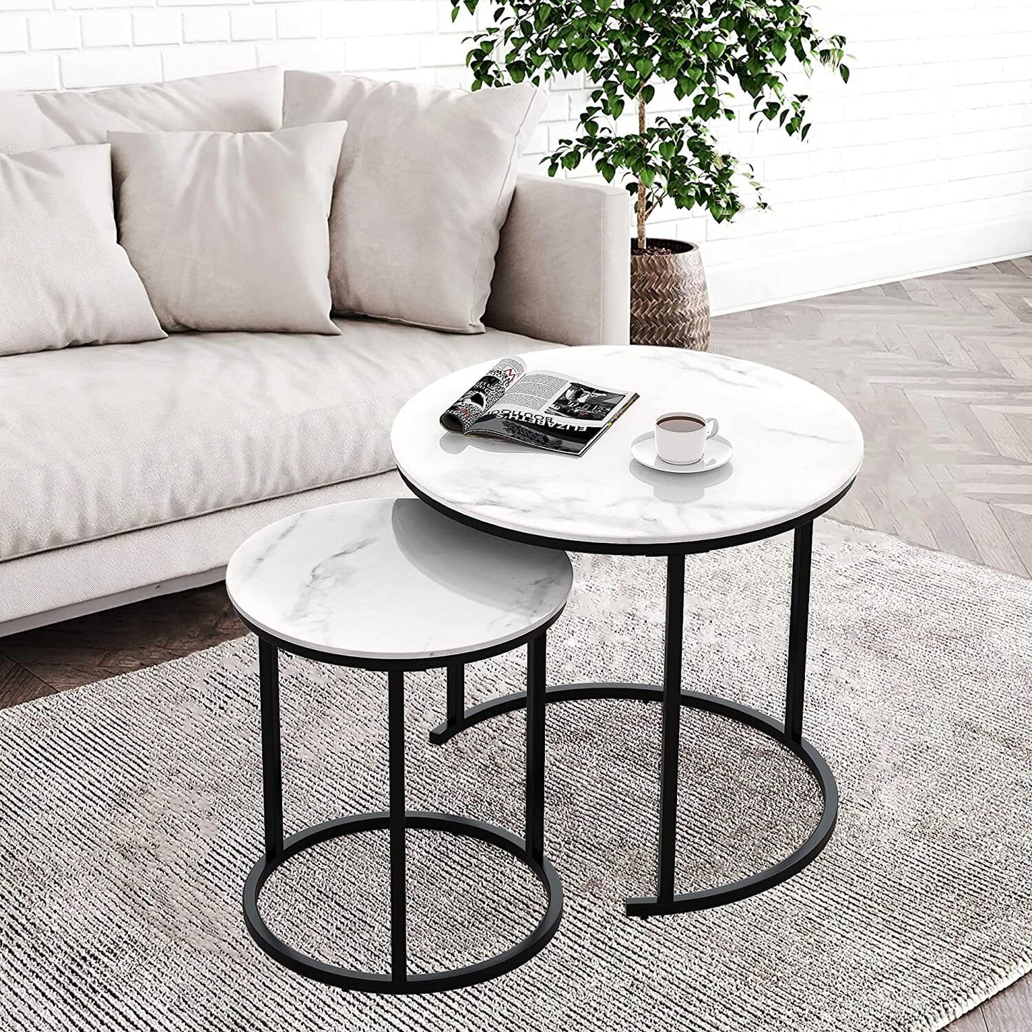 2 Pieces Round Half Circle Shape Nesting Table Set Living Room Furniture