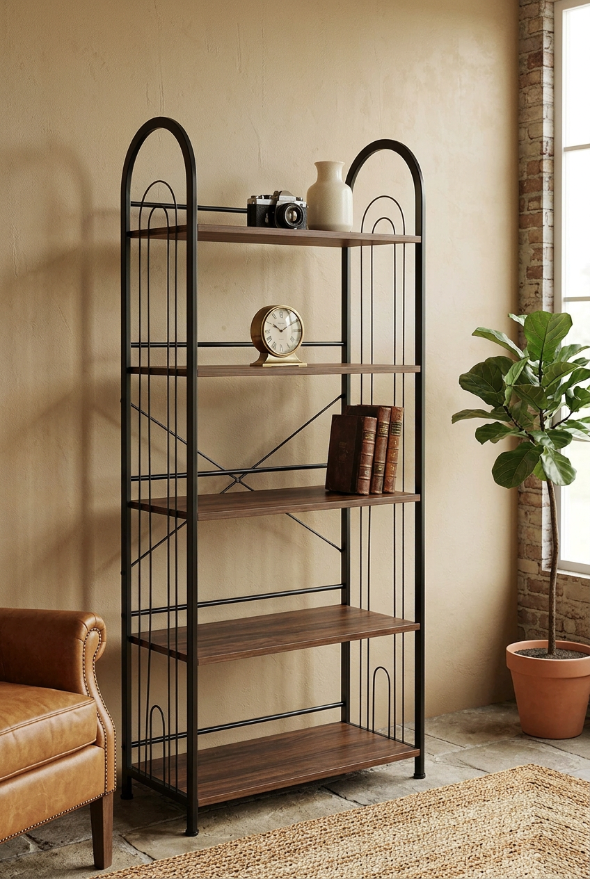 Metal Furniture 5-tier bookshelf with dark wood finish shelves, sturdy metal frame, ideal for bedroom or study storage.