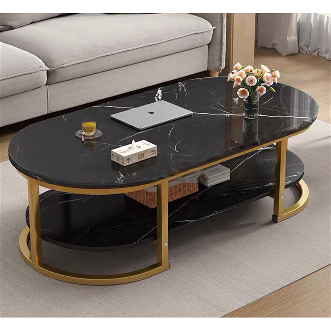 Modern Oval Shape Wooden Marble Texture Sheet Center Table – Elegant Design for Contemporary Living