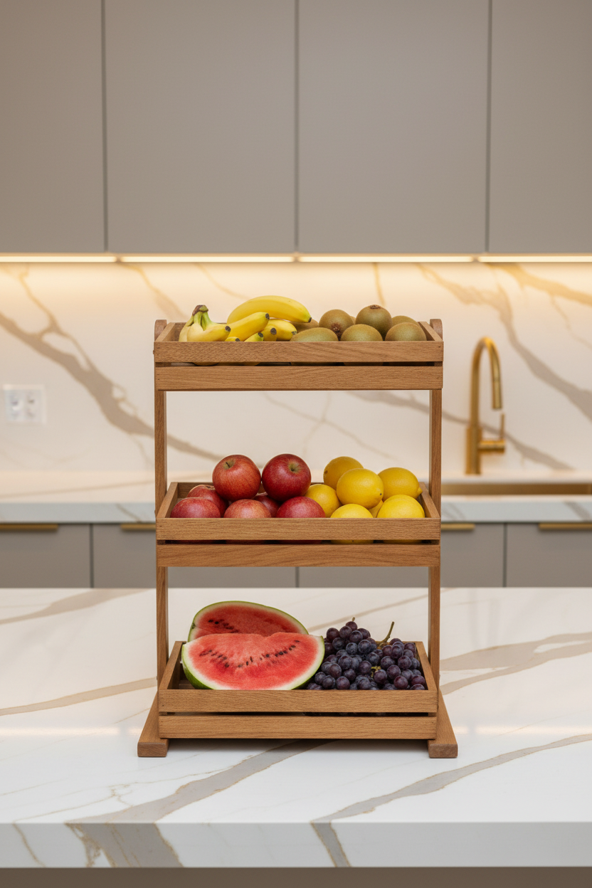 Rustic wooden 3-layer kitchen rack by Metal Furniture holding fruits, vegetables, and snacks for organized kitchen storage.