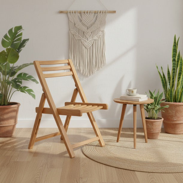 Natural beach wood slatted folding chair by Metal Furniture, suitable for indoor and outdoor living spaces.