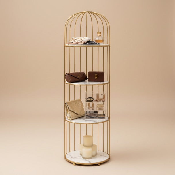 Four-tier gold metal birdcage makeup organizer for luxury accessories and beauty collections, with multiple compartments and decorative design.