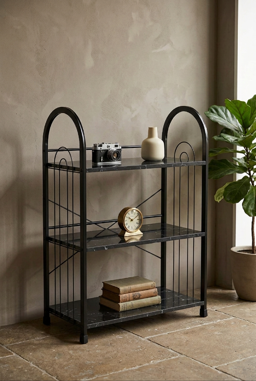 Modern 3-tier bookshelf with black marble-effect wooden shelves and metal frame, suitable for home or office storage.