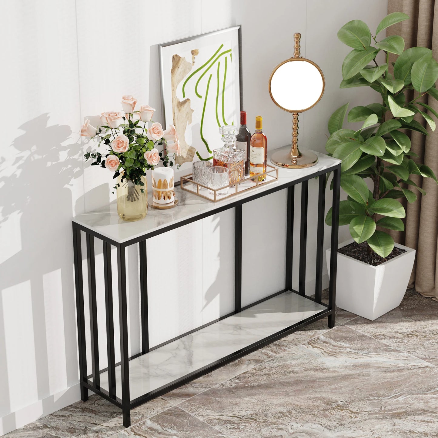 2 Shelf Console Table Luxury Entryway Table White Marble Texture Console