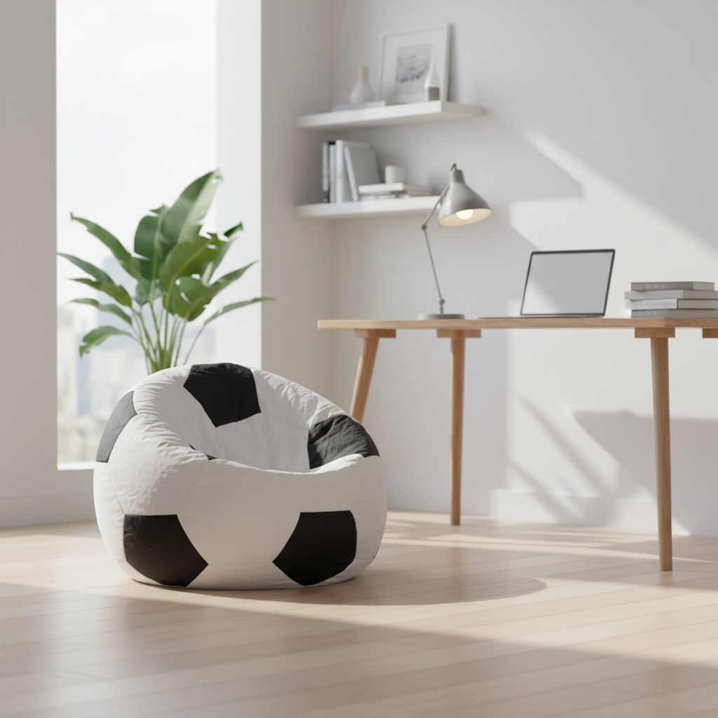 Classic White Football Bean Bag Chair | Sporty Soccer-Themed Seating for Kids, Teens & Gaming Rooms