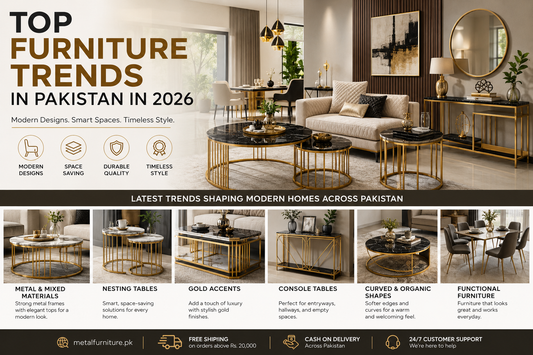 Top Furniture Trends in Pakistan in 2026 featuring modern metal furniture, center tables, nesting tables, console tables and contemporary home designs.