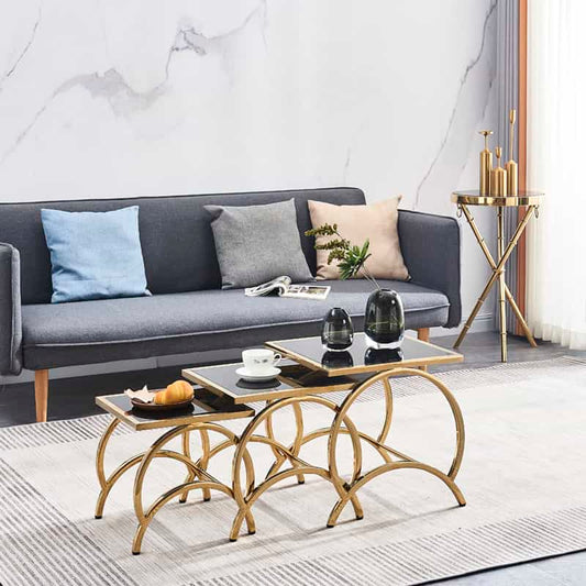 3 Piece Square Nesting Table Set - Wooden Marble Texture with Metal Frame | Metal Furniture