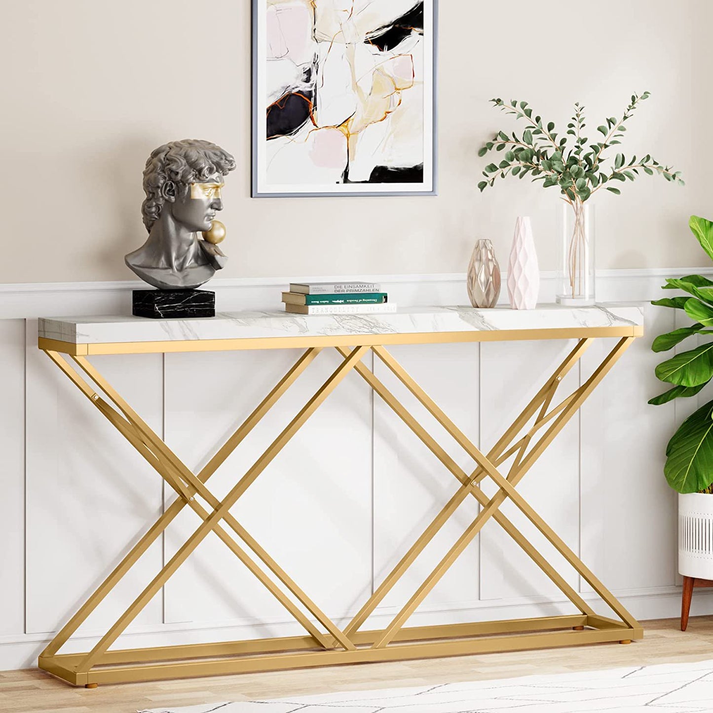 X Model Base Console Table Wooden Marble Texture Sheet Console Table For Hallway And Entryway way