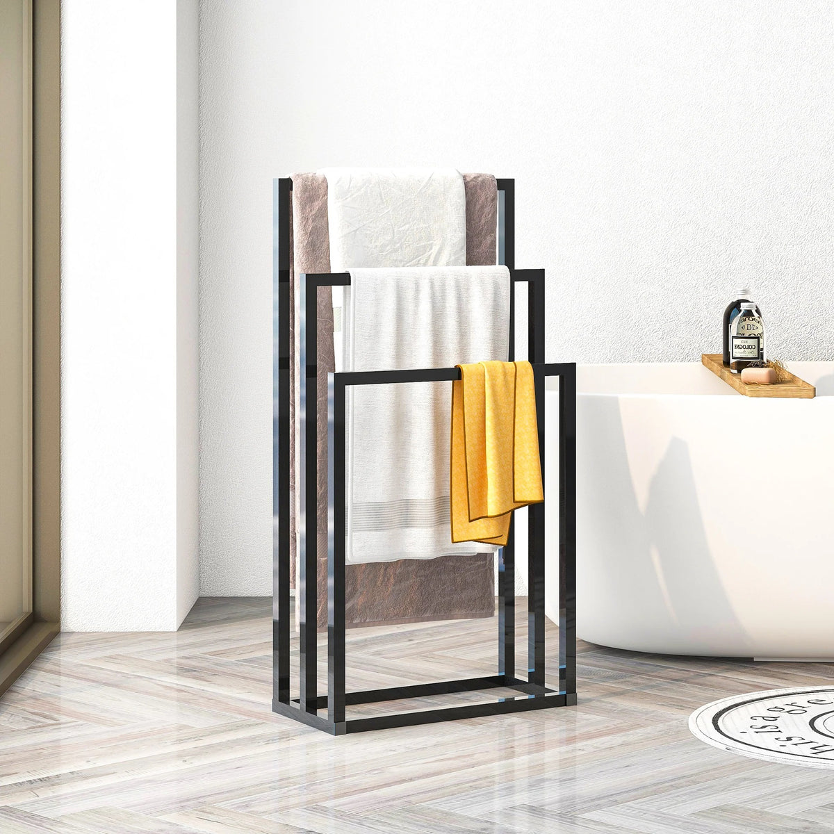 Metal Furniture cloth towel stand with multiple bars for hanging towels and laundry organization in a modern bathroom setting.