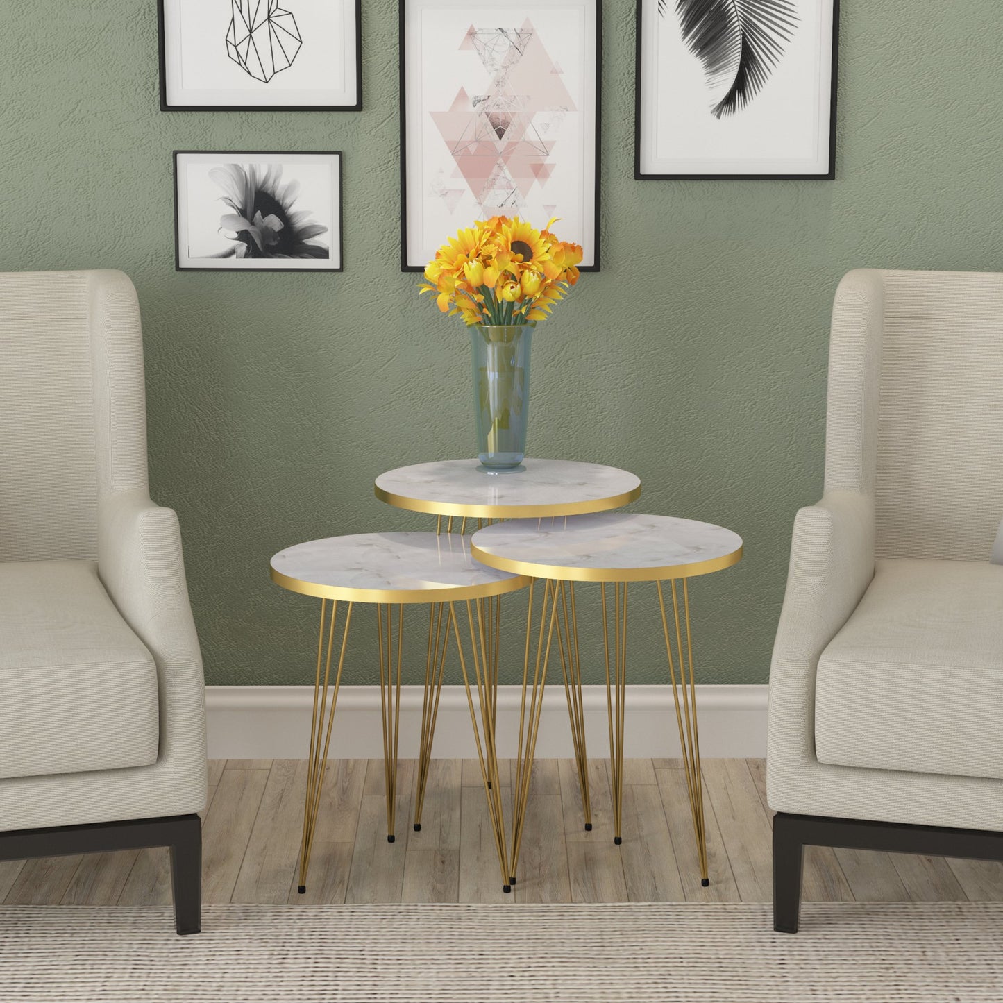 3 Leg Set Nesting Table Gold Paint Finish Modern Style