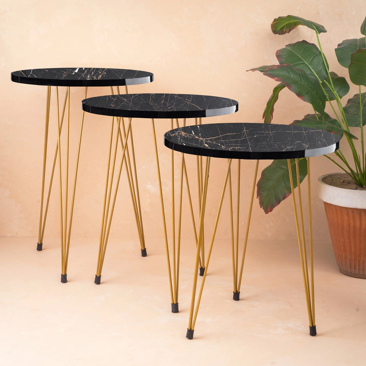 3 Leg Set Nesting Table Gold Paint Finish Modern Style - Metal Furniture