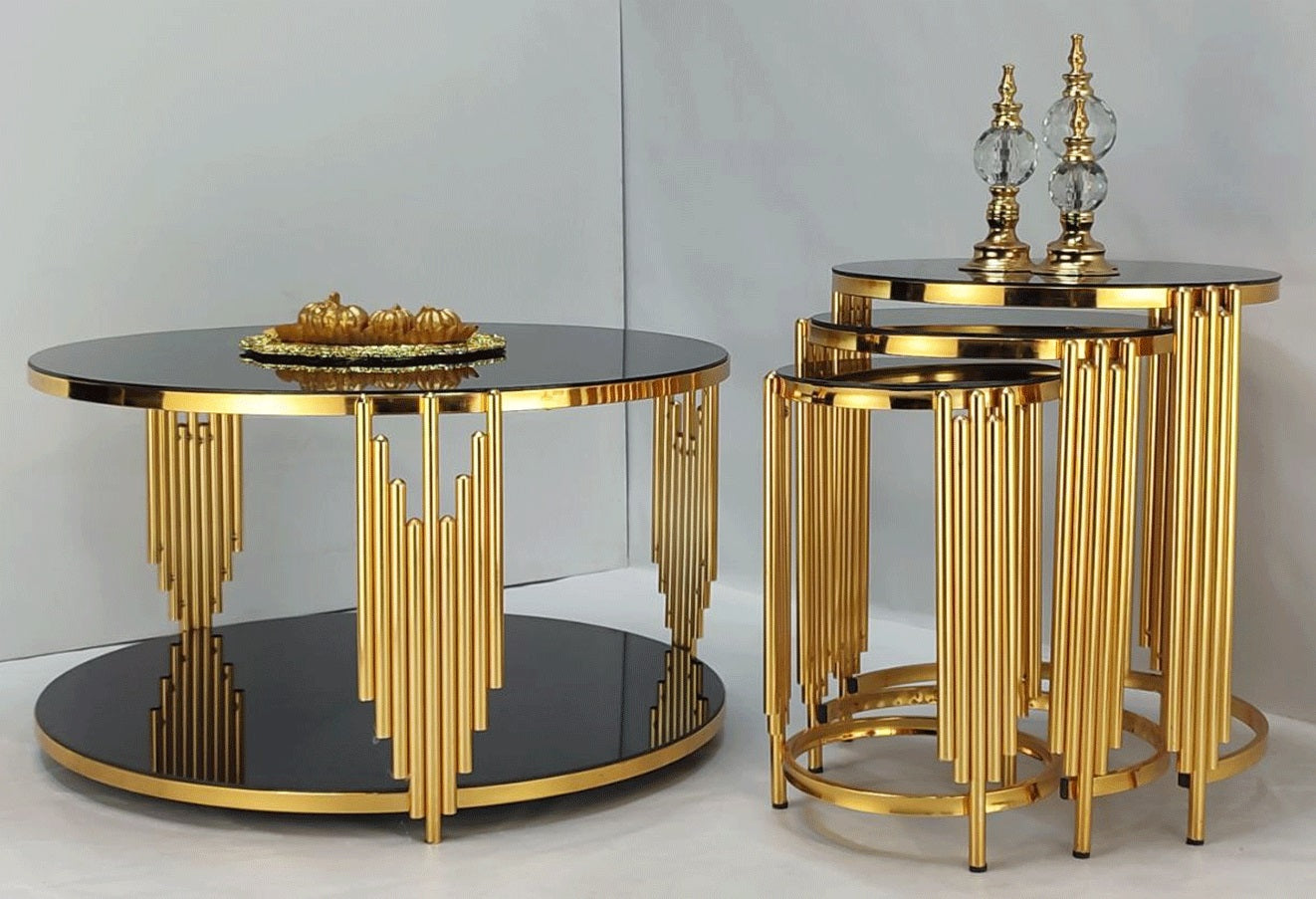 Luxury Gold Metal Frame Center Table + Nesting Tables – Set of 4 (Wooden Marble Texture)