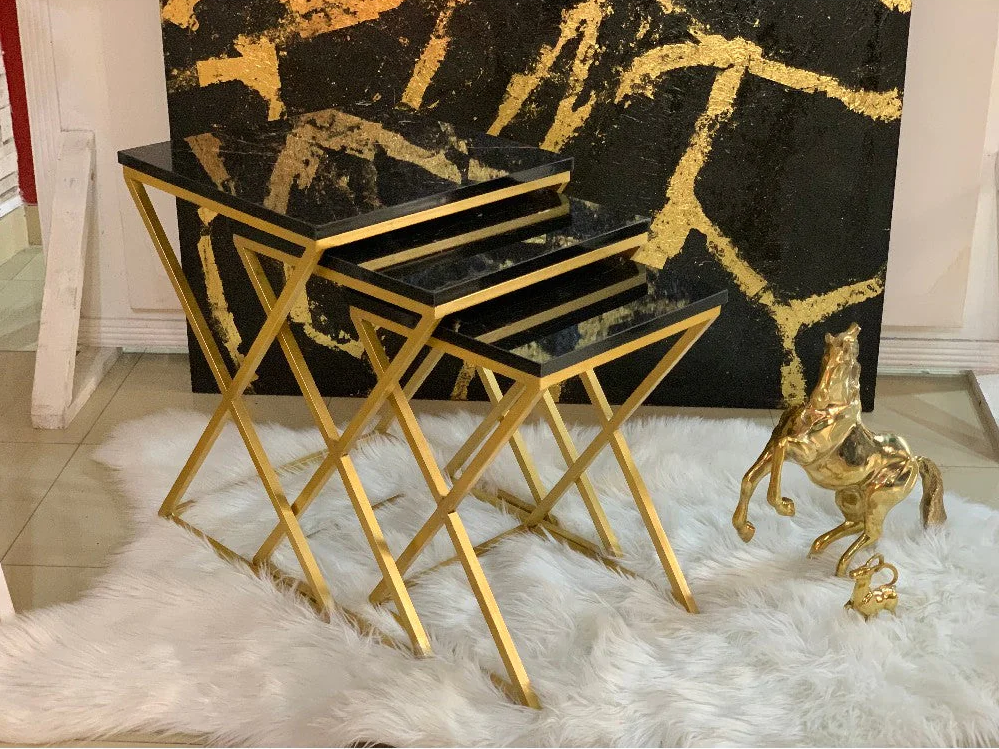 3pc Nesting Tables Set Square Shape Gold Paint Finish X Model Set