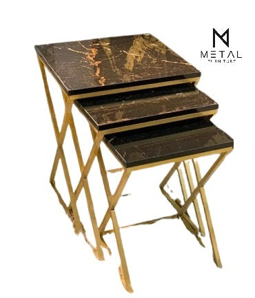 3pc Nesting Tables Set Square Shape Gold Paint Finish X Model Set