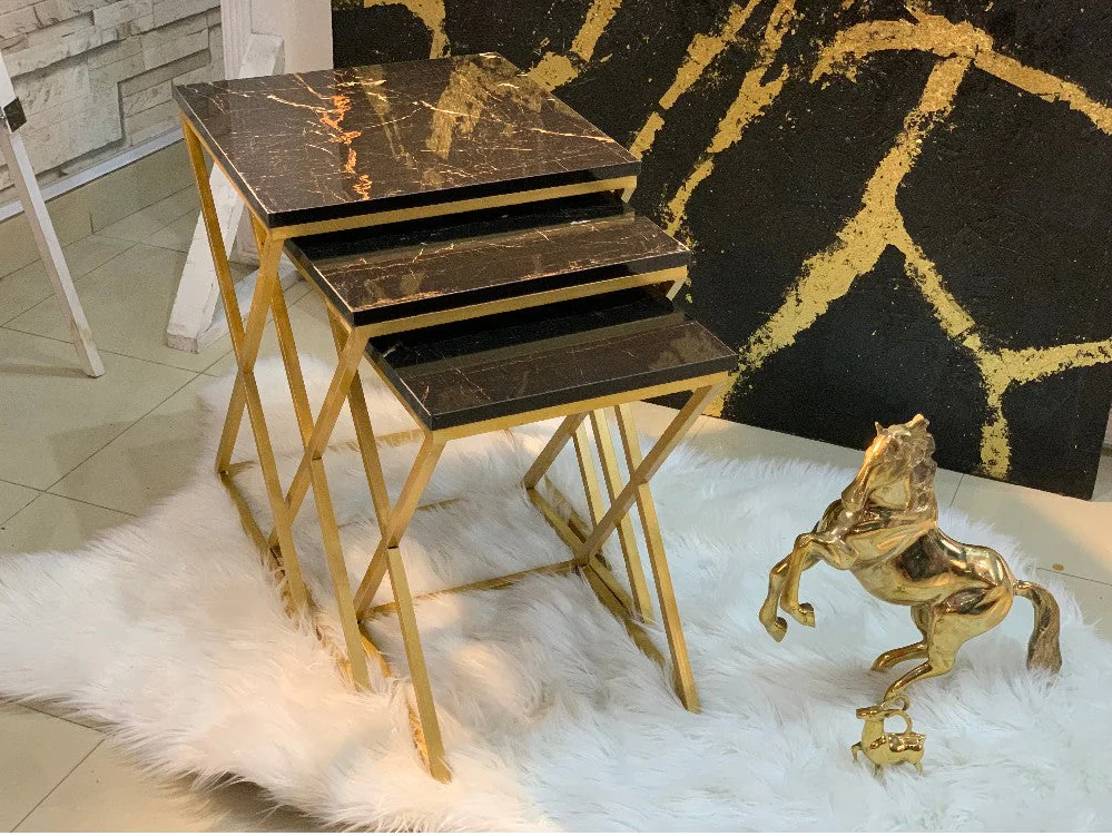 3pc Nesting Tables Set Square Shape Gold Paint Finish X Model Set