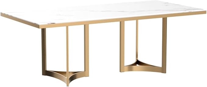 Dining Table for 6 person , for Kitchen & Dining Room, Luxury White Marble texture sheet Table Top with Gold metal frame(Dining Table Only)