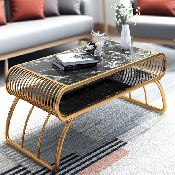 2 Shelf Rectangular Shape Center Table Gold Paint Finish