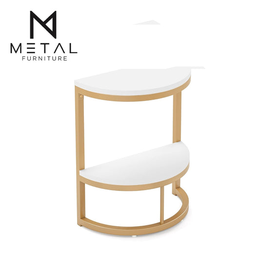 2-Tier End Table Semi Circle, Small Half Round Side Table With Storage Shelf, Space Saving Narrow Accent Sofa Couch Table For Living Room, Bedroom (Gold White)