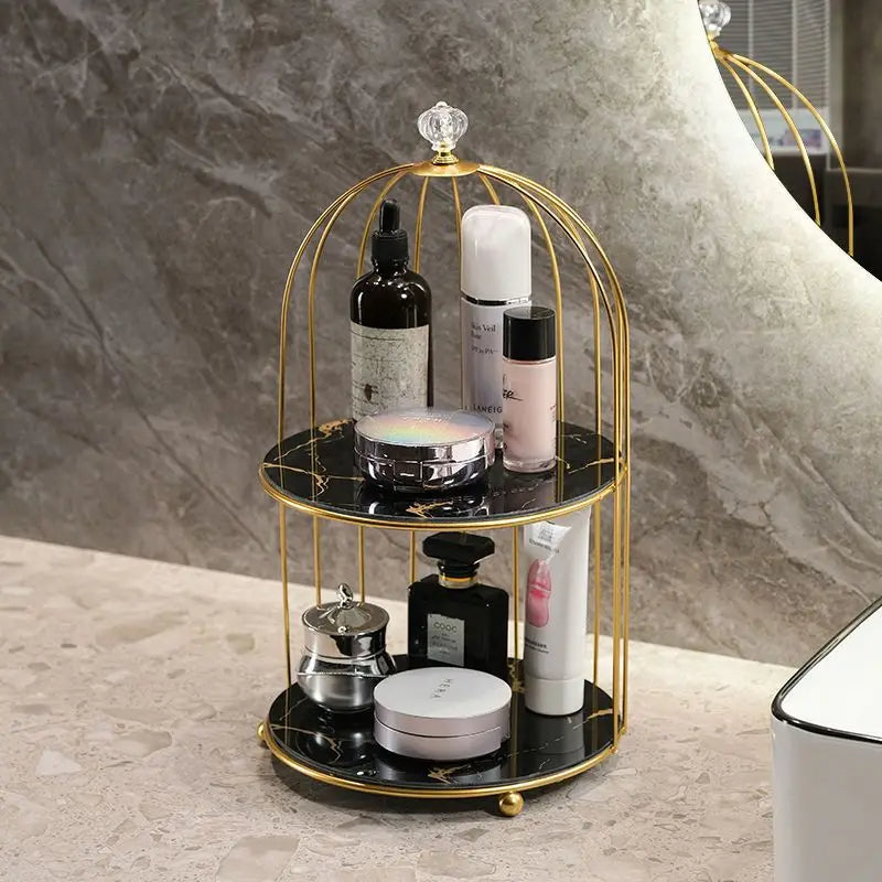Double shelf Iron bird cage rack lipstick perfume cosmetics skin care products storage rack finishing table rack bathroom cosmetics storage