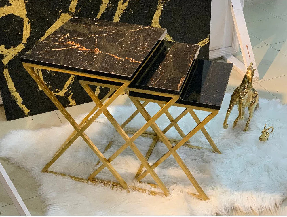 3pc Nesting Tables Set Square Shape Gold Paint Finish X Model Set