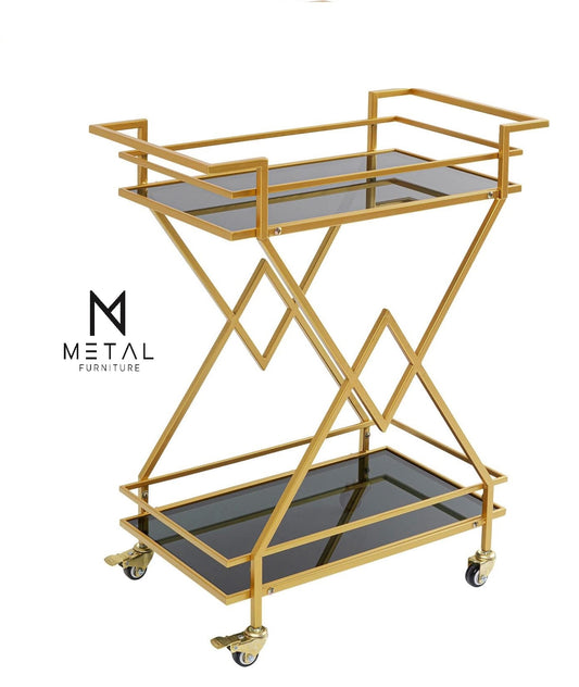 2-Tier V Shape Tea Trolley Wooden Marble Texture Modern Design