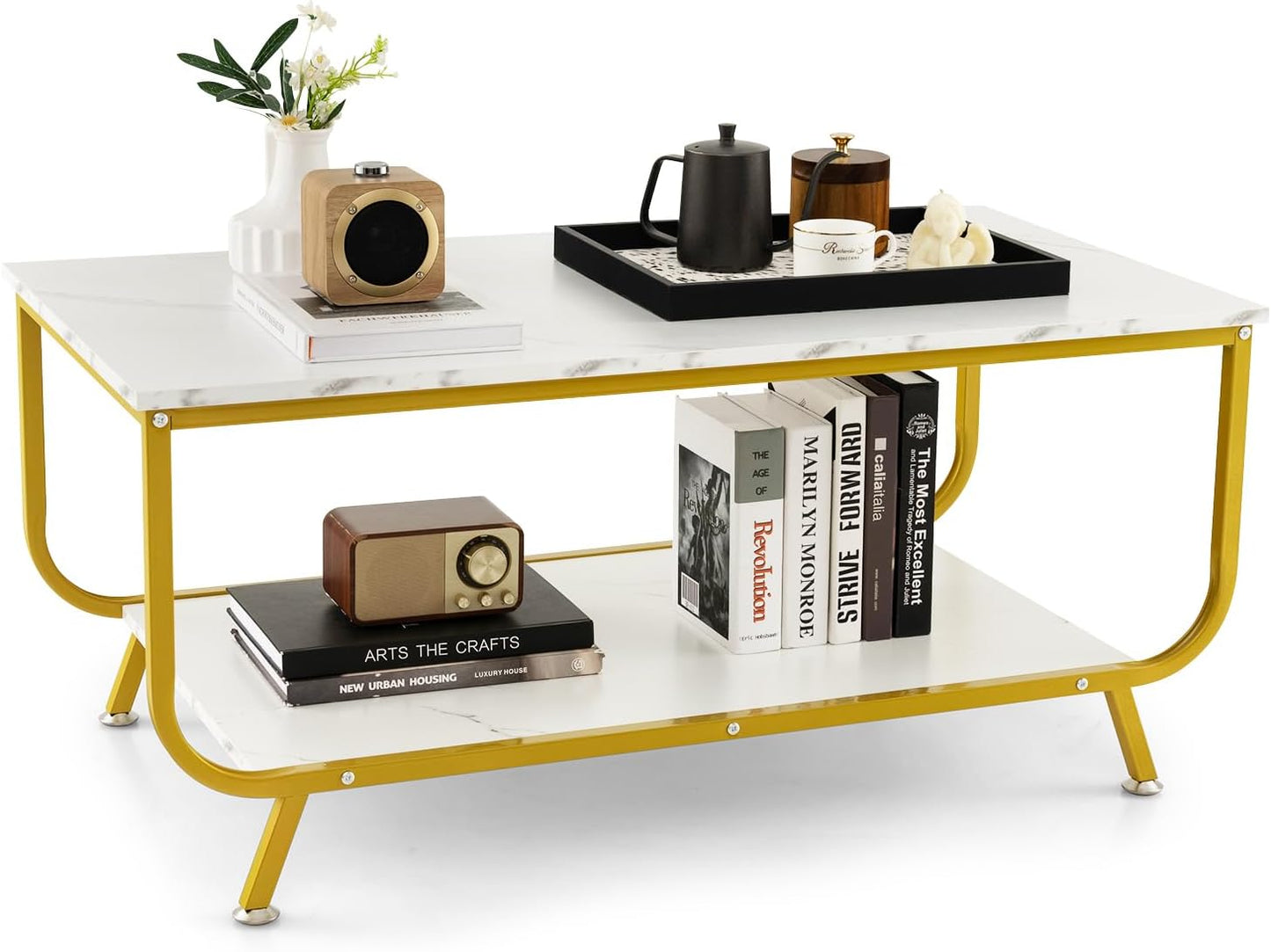 Marble Texture Center Table Modern Center Table 2-Tier Living Room Table
